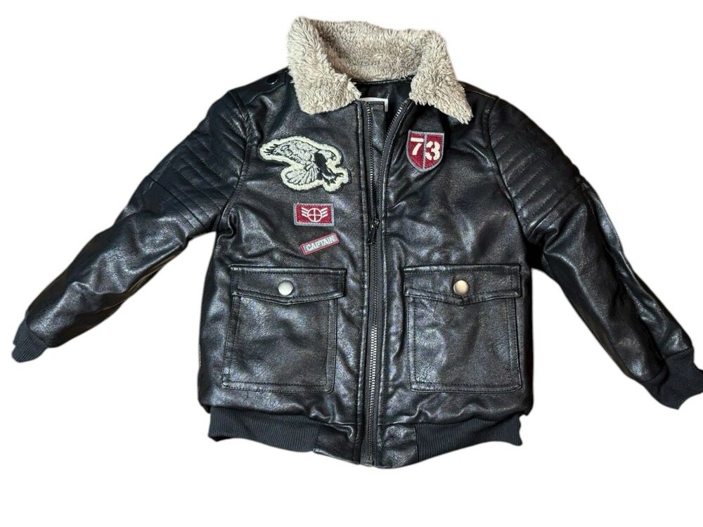 Epic Threads Boys Bomber Jacket Faux Leather Patches Black Size 3T Eagle Captain